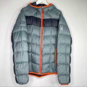 Spyder Gray Orange Down Jacket Hoodie Zip Up Pockets Men's Size Large